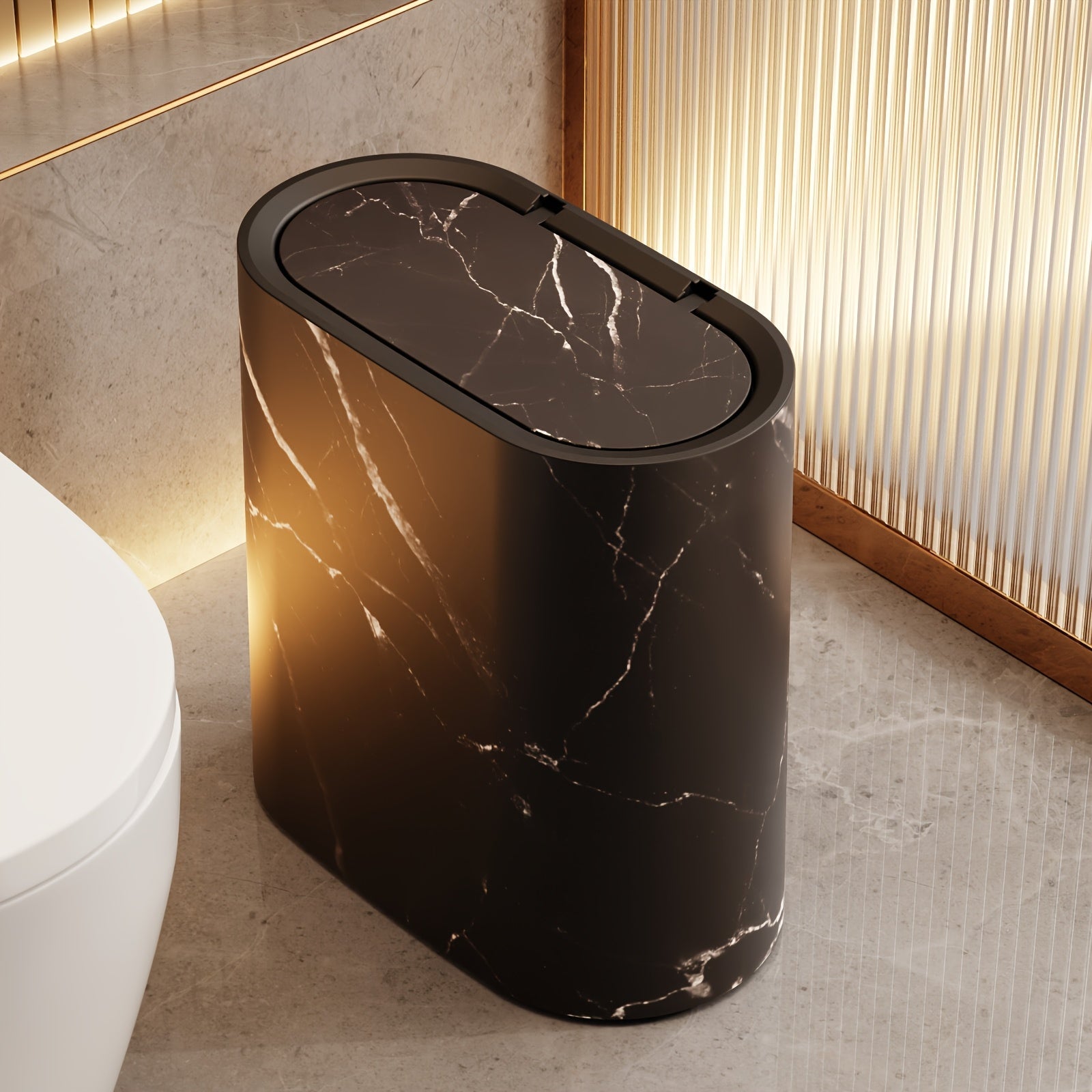 Marble Pattern Trash Can | Modern Bathroom & Kitchen Bin with Lid – Space-Saving, Home