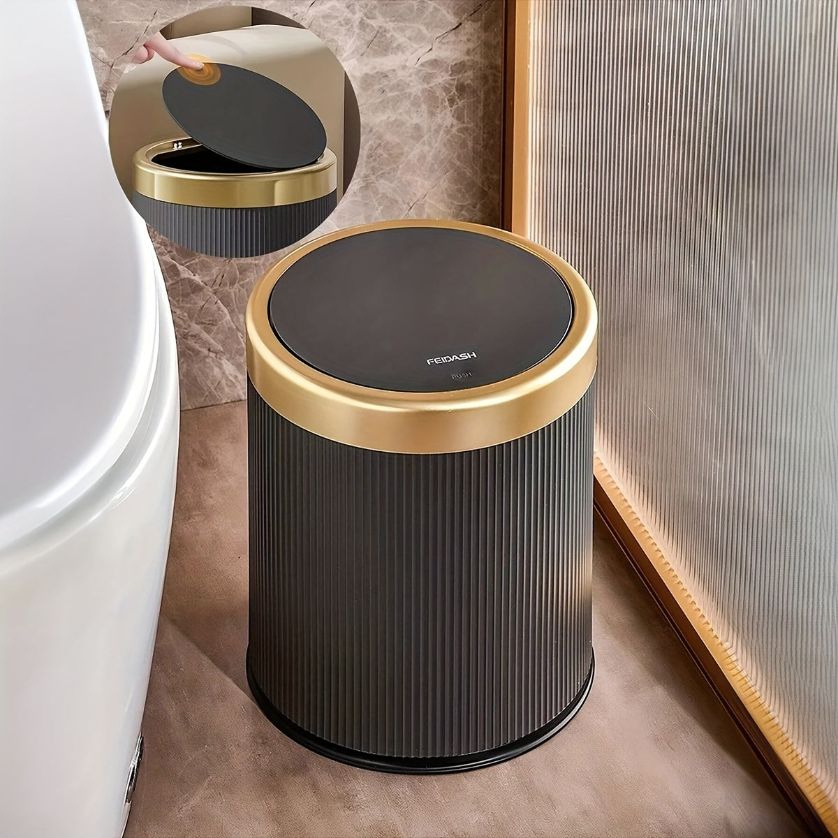 Luxury Oval Trash Can | Press-Top Waste Bin with Dual Inner Bucket – Kitchen, Home Organization