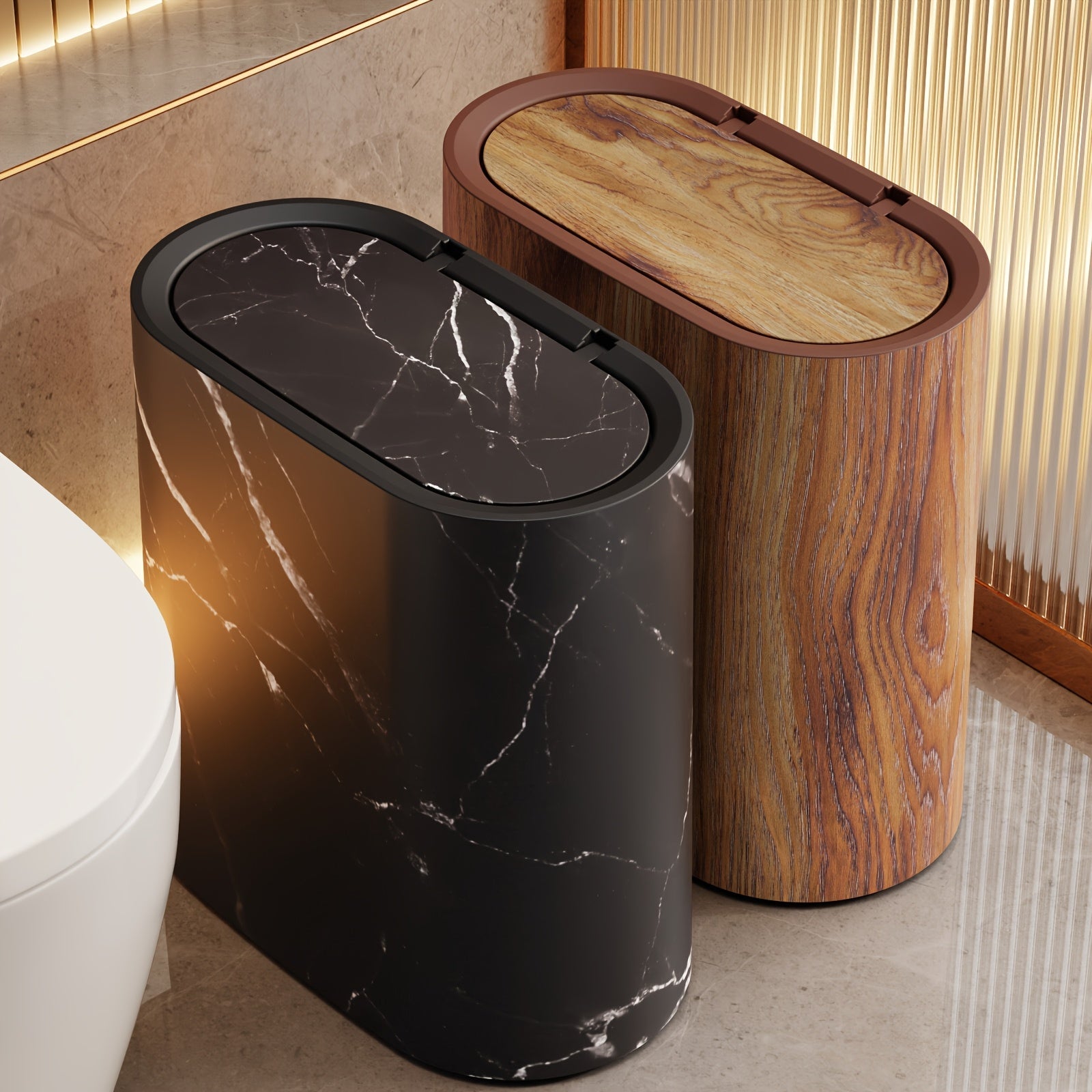 Marble Pattern Trash Can | Modern Bathroom & Kitchen Bin with Lid – Space-Saving, Home