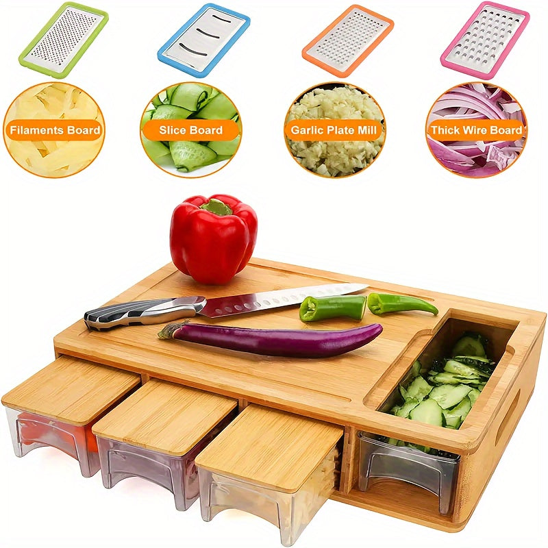 Bamboo Cutting Board with Storage Trays & Graters – Kitchen Prep, Space-Saving