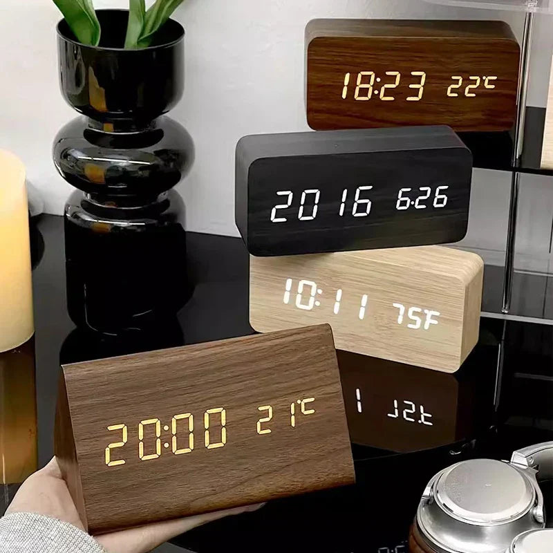 LED Smart Alarm Clock | Voice-Controlled Wooden Design – Home Office, Gift
