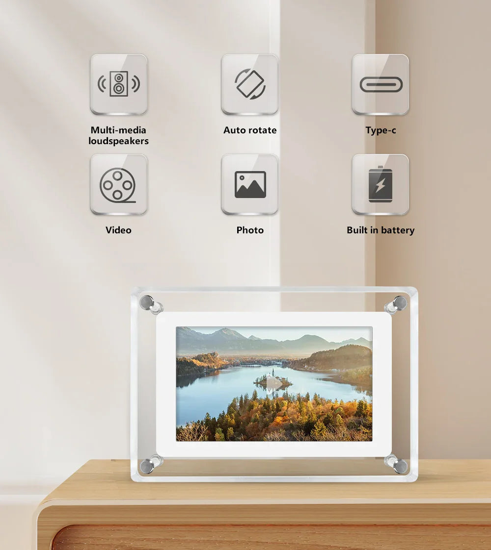 Acrylic Digital Photo Frame | Portable IPS Display, Built-in Battery – Home Office, Gift