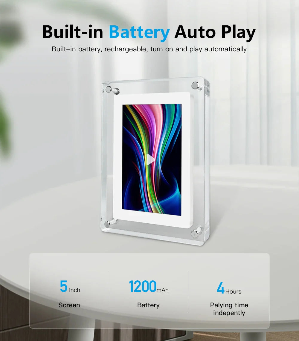 Acrylic Digital Photo Frame | Portable IPS Display, Built-in Battery – Home Office, Gift