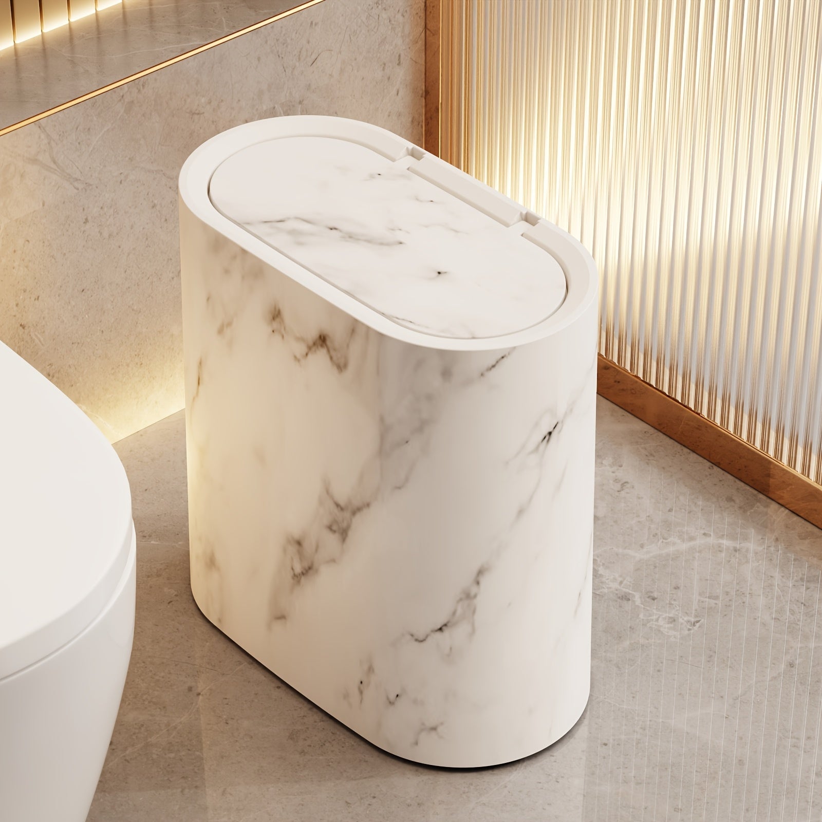 Marble Pattern Trash Can | Modern Bathroom & Kitchen Bin with Lid – Space-Saving, Home