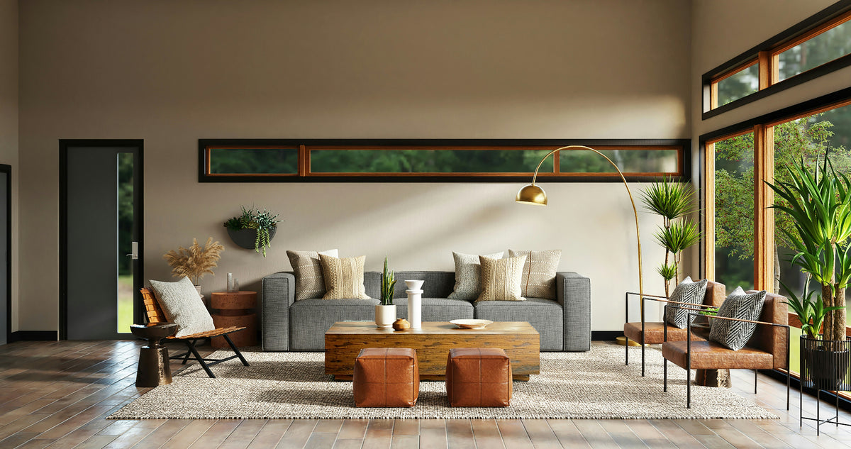 Elegant modern living room decorated with premium home décor from Skillborne